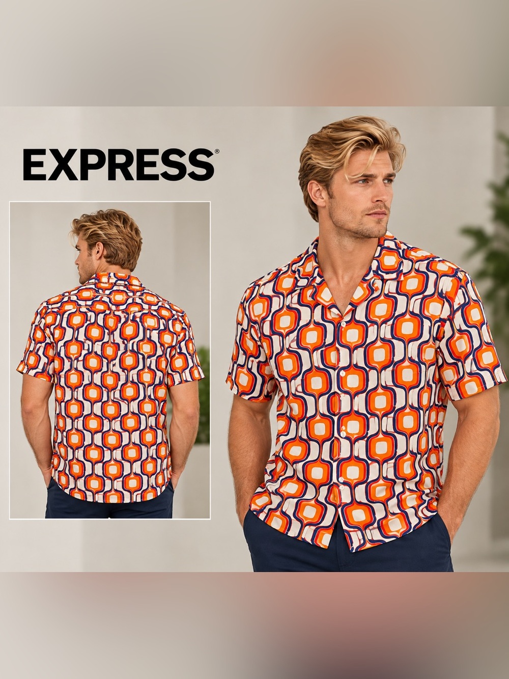 Express Men’s Orange and Blue Geometric Short-Sleeve Button-Down Shirt